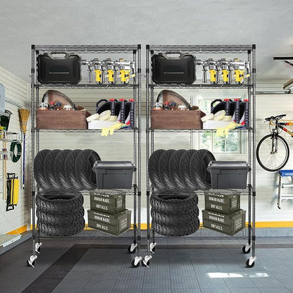 5 Tier Storage Shelves with Wheels, 1750lbs Capacity Heavy Duty Shelving Units, 14x36x75inch Adjustable Metal Shelf Wire Shelving Rack for Garage, Kitchen, Office, Black