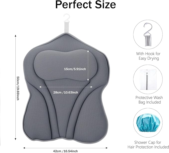 Bath Pillow PYRRHIC - Luxury Bathtub Pillow 5D Mesh with Neck & Back Support Non-Slip Suction Cups Fast Drying Soft Spa Pillow Relaxing Bath Accessories with Hook Laundry Bag Grey
