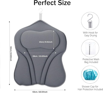 Bath Pillow PYRRHIC - Luxury Bathtub Pillow 5D Mesh with Neck & Back Support Non-Slip Suction Cups Fast Drying Soft Spa Pillow Relaxing Bath Accessories with Hook Laundry Bag Grey