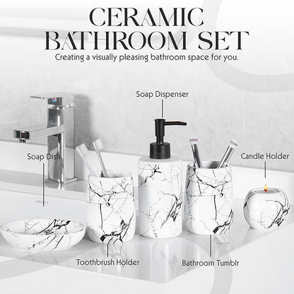 Ceramic Bathroom Accessory Set, 5-Piece Bathroom Accessory Set, Soap Dish, Toothbrush Holder, Soap Dispenser, Bathroom Tumbler & Candle Holder - Modern Bathroom Organizer, (White & Black)