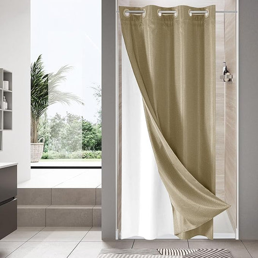 MitoVilla Beige Waffle Small Stall Shower Curtain Liner Set 36 x 74, No Hooks Required Half Size Narrow Fabric Cloth Shower Curtain Set with Snap-in Liner for Modern Bathroom Decor, Beige/Khaki