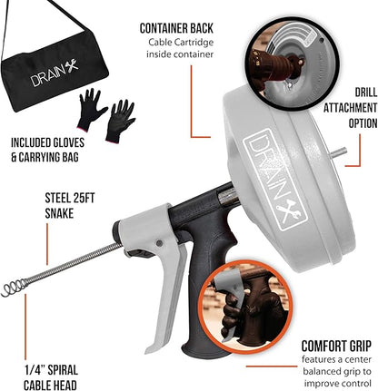 DrainX SPINFEED 50 Foot Drum Auger | Use Manually or Drill Powered - Auto Extend and Retract Plumbing Snake | Work Gloves and Storage Bag Included