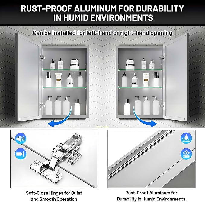 16 x 24 Medicine Cabinet Mirror for Bathroom,Assembly Required,Aluminum Alloy Frame,Recessed/Surface Mounted,Reversible L/R Door,Adjustable Shelves,Bathroom Medicine Cabinet with Mirror