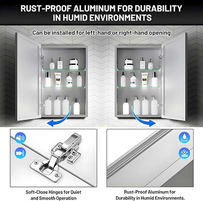 16 x 24 Medicine Cabinet Mirror for Bathroom,Assembly Required,Aluminum Alloy Frame,Recessed/Surface Mounted,Reversible L/R Door,Adjustable Shelves,Bathroom Medicine Cabinet with Mirror