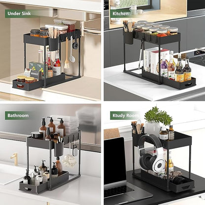 Compact 2-tier under-sink organizer with sliding drawer, 2 trays, and 5 hooks. Sturdy PP and iron design for kitchen, bathroom, or laundry room storage.