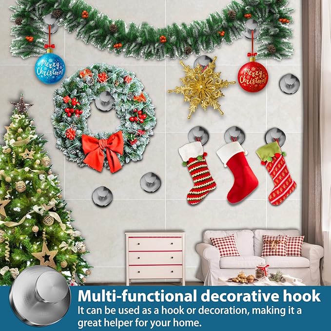 Suction Cup Hooks for Shower, 4 PCS No-Drill Towel Holder for Bathrooms Wall, Glass Door, Mirror, Tiles, Kitchen, Hold Robe & Wreath, Hanging up to 15 lbs – Waterproof & Rustproof, Loofah-Silver
