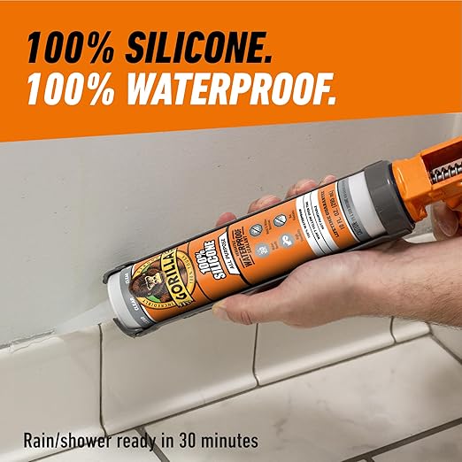 Gorilla Waterproof Caulk & Seal Silicone Sealant, 10oz Cartridge (Pack of 1) - Clear Caulking Sealant for Kitchen, Window, Bath, Marine, Door and More