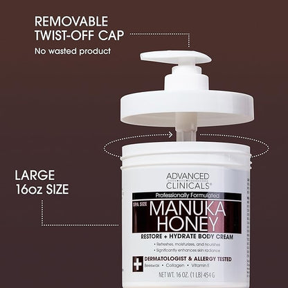 Advanced Clinicals Manuka Honey Body Cream For Women & Men | Body Butter Lotion For Extremely Dry Skin | Collagen Cream | Skincare Moisturizer Hydrating Balm Improves Look Of Aging Skin, 16 Ounce