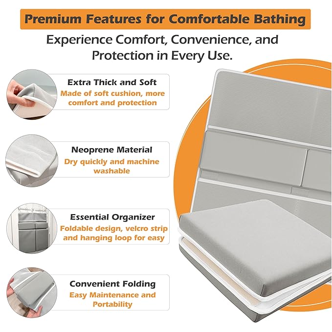 Premium Bath Kneeler, Baby Bath Kneeler and Elbow Rest Pad Set, Kneeling Pad for Bathing Baby, Knee Pads for Bathing Babies, Large Knee Pads (22 Inch × 13 Inch) with 4 Mesh Pockets (Large, Gray)