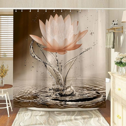 Lotus Shower Curtain Orange Flower Elegant Blooming Floral with Dew Spring Flower Reflection on Water Modern Romantic Polyester Fabric Bathroom Decor 60×70 Inch with Hook