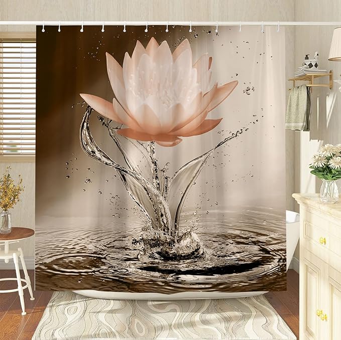 Lotus Shower Curtain Orange Flower Elegant Blooming Floral with Dew Spring Flower Reflection on Water Modern Romantic Polyester Fabric Bathroom Decor 86×70 Inch with Hook