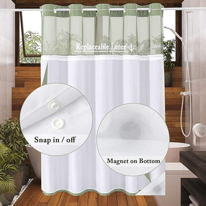 Gibelle No Hook Waffle Weave Shower Curtain with Snap-in Fabric Liner Set for Bathroom, Hotel Style with Mesh Top Window, Waterproof & Washable, Sage Green, 72x74