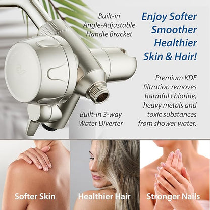 AquaCare Skin & Hair - World's Only Shower Head Combo Filter with Built-in 3-way Water Diverter, ON/OFF Filtration Modes, Instant Cartridge Reload & Stay-Clean American KDF Cartridge, Satin Nickel
