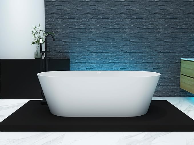 63'' Freestanding Bathtub Solid Surface Matte Bathroom Bathtub Soaking Tubs Resin Stone Bathtubs Oval Soak Tubs with Overflow and Pop-up Drain - White…