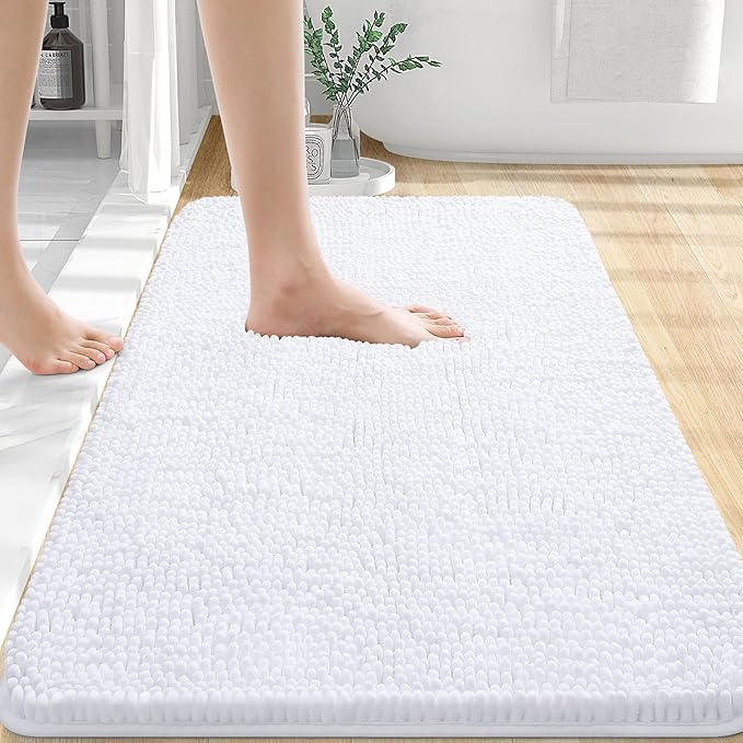 OLANLY Bathroom Rugs 35x24, Extra Soft Absorbent Chenille Bath Rugs, Rubber Backing Quick Dry, Machine Washable Bath Mats for Bathroom Floor, Tub and Shower, Home Decor Accessories, White