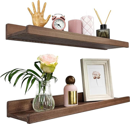 Floating Shelves for Wall 24 inch, Waterproof, Wall Storage Shelves with Lip, Display Picture Ledge Shelf for Photo Frame, Natural Wood Hanging Book Shelves (American Walnut, Set 2)