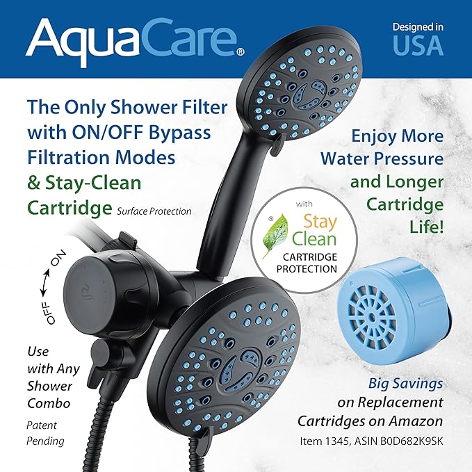 AquaCare Skin & Hair - World's Only Shower Head Combo Filter with Built-in 3-way Water Diverter, ON/OFF Filtration Modes, Instant Cartridge Reload & Stay-Clean American KDF Cartridge, Matte Black