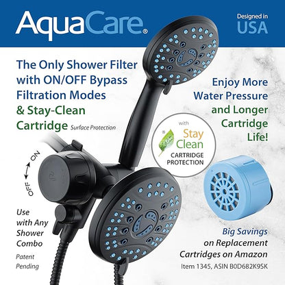 AquaCare Skin & Hair - World's Only Shower Head Combo Filter with Built-in 3-way Water Diverter, ON/OFF Filtration Modes, Instant Cartridge Reload & Stay-Clean American KDF Cartridge, Matte Black