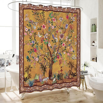 Bohemian Shower Curtain, Boho Floral Print Water Repellent Polyester Fabric for Bathroom Decor, 72×72 Inch Standard Size with 12 Hooks, Also as Room Divider