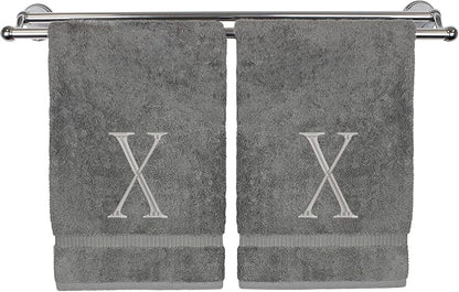 Monogrammed Hand Towel, Personalized Initial Gift, Extra Absorbent 100% Turkish Cotton - Soft Terry Finish - Set of 2 - Silver Block Initial X - Embroidered on Grey Towels