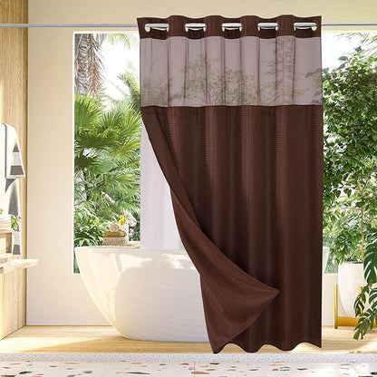Gibelle Long Shower Curtain 72x80, Waffle Weave Bathroom Shower Curtain with Snap-in Fabric Liner Set, No Hooks Needed, Hotel Style with Mesh Top Window, Brown