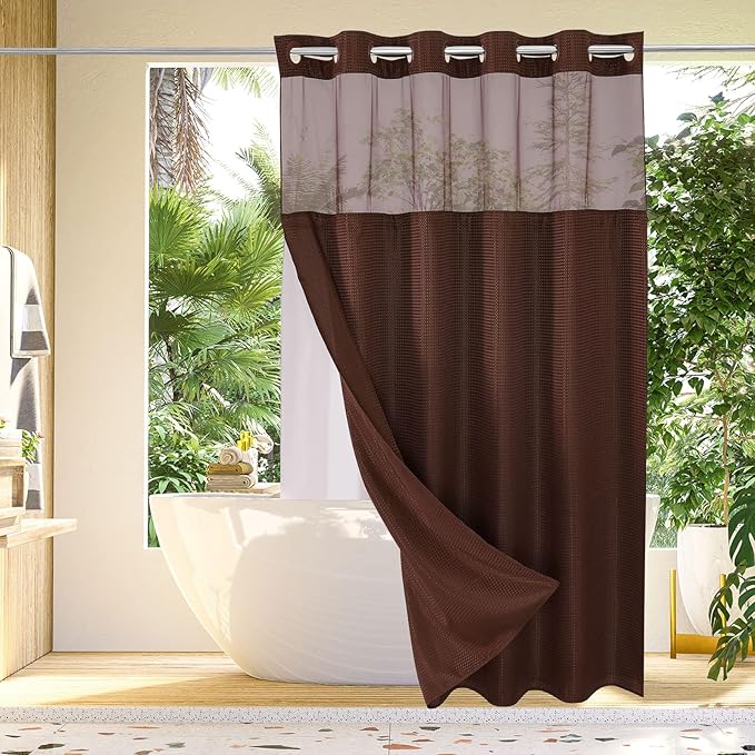 Gibelle No Hook Waffle Weave Shower Curtain with Snap-in Fabric Liner Set for Bathroom, Hotel Style with Mesh Top Window, Waterproof & Washable, Brown, 72x74