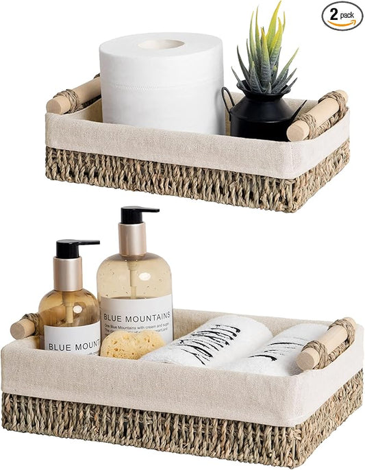 StorageWorks Small Seagrass Baskets for Organizing, Wicker Basket for Organizer, Storage Baskets with Wooden Handles and Natural Fiber Liner, Set of 2