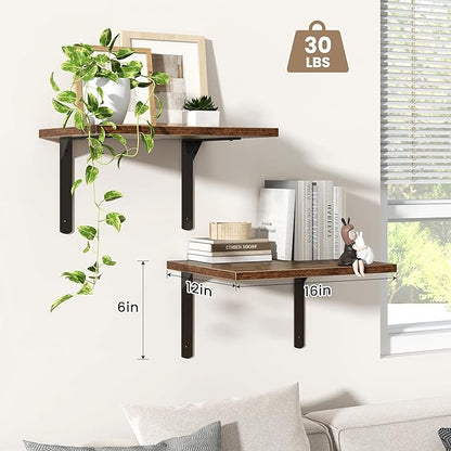 Fun Memories Rustic Brown 12 Inch Deep Floating Shelves Set of 2, Wall Mounted Shelf with Metal Brackets, Rustic Wood Wall Shelf for Bathroom, Kitchen and Living Room, Rustic Brown, 16W x 12D