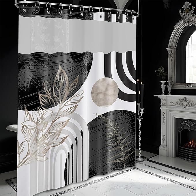 Black and White Boho See Through Mesh Top Shower Curtain with Window, Grey Mid Century Modern Mens Double Layer Shower Curtains with Snap in Liner, Waterproof Fabric with Hooks, 71x72 in