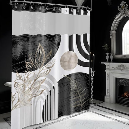 Black and White Boho See Through Mesh Top Shower Curtain with Window, Grey Mid Century Modern Mens Double Layer Shower Curtains with Snap in Liner, Waterproof Fabric with Hooks, 71x72 in