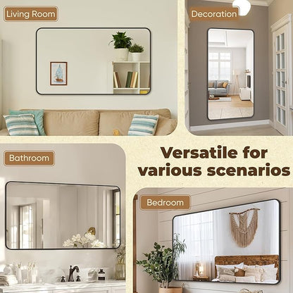 Antok Bathroom Mirror,50"x30" Wall Mirror, Decorative Mirrors Vanity Mirror Aluminum Alloy Frame Contemporary Hanging Mirror for Living Room Bathroom Entryway,Black,Round Corner