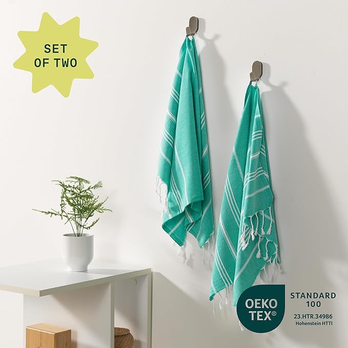 WETCAT Turkish Hand Towels with Hanging Loop, Set of 2 (20" x 30") 100% Turkish Cotton, Pre-Washed, Quick Drying, for Kitchen or Bathroom - Mint Green