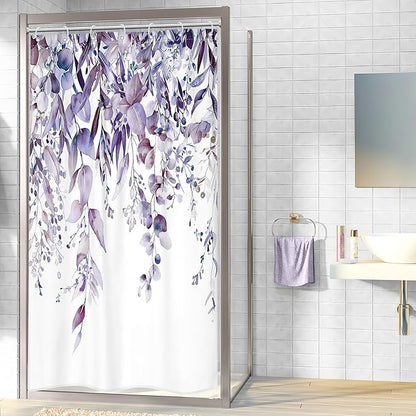 Riyidecor Small Stall Rv Narrow Single Shower Curtain for Bathroom Decor 36Wx72H Stand Up Half Purple Eucalyptus Plants Leaves Botanical Art Printed Fabric Polyester Waterproof 7 Pack Plastic