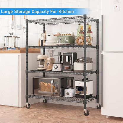 Homdox Heavy Duty Metal Shelves for Storage, 4 Tier Storage Racks and Shelving, Commercial Adjustable Wire Shelving Unit on Wheels, Garage Rack Pantry Shelves Kitchen Shelving, 18"x36"x72", Black