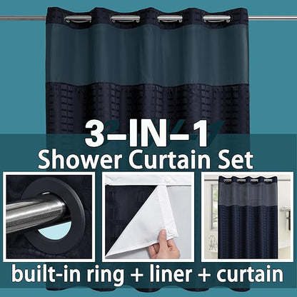 Conbo Mio Extra Long No Hook Shower Curtain with Snap in Liner Set, Hotel Luxury Black Shower Curtains for Bathroom with See Through Top Window, Waterproof, Washable 71W x 84H