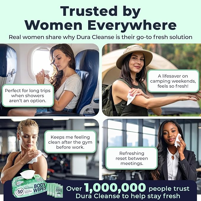 Body Wipes for Women, Extra Moist No Rinse Bathing Sheets (4 Pack) – 200 XL Shower Cloths + 16 Deodorizing Bath Wipes, 10" x 11.5" Travel Toiletries for Women’s Hygiene and Post Workout