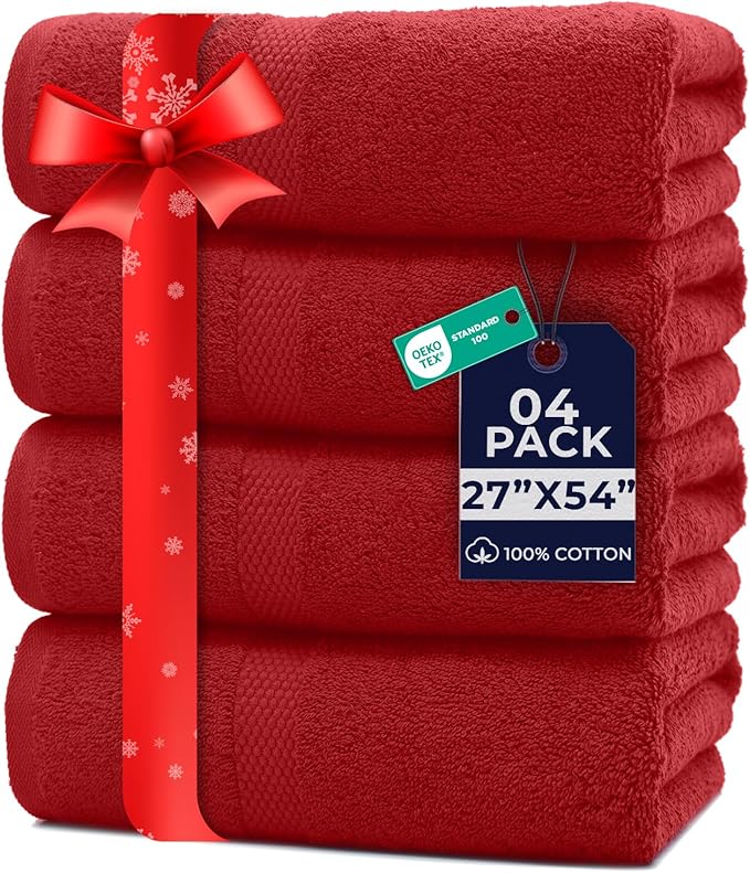 DAN RIVER Bath Towels Set of 4, 27 x 54 Inches, 100% Cotton, Larger & Lighter Weight, Quicker to Dry, Super Soft and Absorbent, Ideal Absorbent Bath Towels for Daily Use, Red