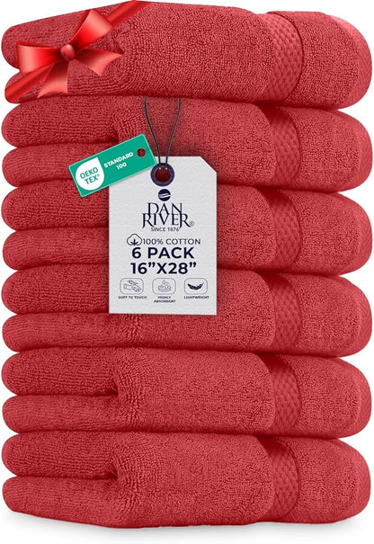 DAN RIVER 6-Pack Premium Hand Towels (16x28 Inches) - 100% Cotton, Ultra Soft, Lightweight, Highly Absorbent Towels for Bathroom, Spa, Gym, Salon, Hotel, and Travel - 550 GSM – Red