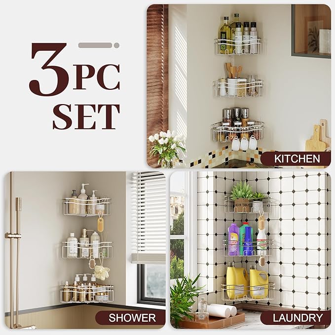 Chrome Shower Caddy Corner, 3-Pack Adhesive Shower Shelves for Inside Shower, Rustproof Bathroom Organizer Corner with Built-in Hooks, No Drilling Bathroom Storage for Bath Accessories
