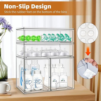 Baby Bottle Organizer, 4 Pack Stackable Storage Drawers with Labels, Clear Station Organizers Container for Pacifiers, Pump Parts, Desk Organizer Bins for Bathroom, Cabinet, Pantry, Vanity, Countertop