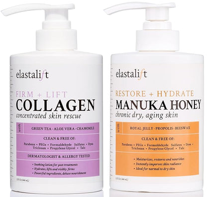 Elastalift Collagen Cream + Manuka Honey Cream Body Lotion & Face Moisturizer Skin Care Bundle For Women & Men | Skin Tightening Collagen Firming Lotion For Crepey Skin, Dry Skin, & Wrinkles, 2PC Set