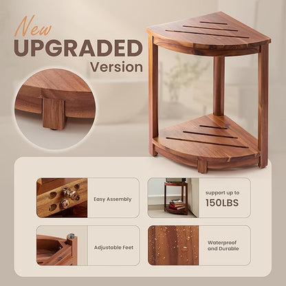 HOLANA 18" Wood Corner Shower Bench & Corner Shower Stool with Storage Shelf - Footrest for Shaving Legs - Bath Step for Small Spaces - Perfect for Indoor or Outdoor (Acacia)