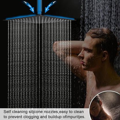 Shower Faucet Set Matte Black Shower System, Push Button Shower Faucet with Dual Rain Shower Head(12 inch+8 inch), Handheld Shower, with Digital Temperature Display Function