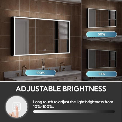 WELLFOR 60" X 30" LED Mirrored Medicine Cabinet, Medicine Cabinets with Lights for Bathroom, Defogging Function Mirror Cabinet, Bathroom Medicine Cabinet with USB Port & Outlet, Three Opening Doors