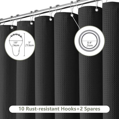 Inhousolu Fabric Shower Curtain Waffle Weave, 230 GSM Heavy Duty, Weighted Hem, 12 Metal Hooks, Water Repellent, Machine Washable, Hotel Spa Luxury Bath Curtain Set, 60 x 72 Inch, Black
