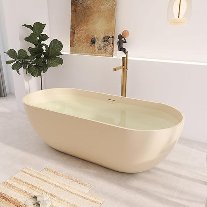 69" Premium Cream Stone Resin Solid Surface Free Standing Bathtub, Unique Matte Milk-Coffee Soaking Tub with Pop-up Drain