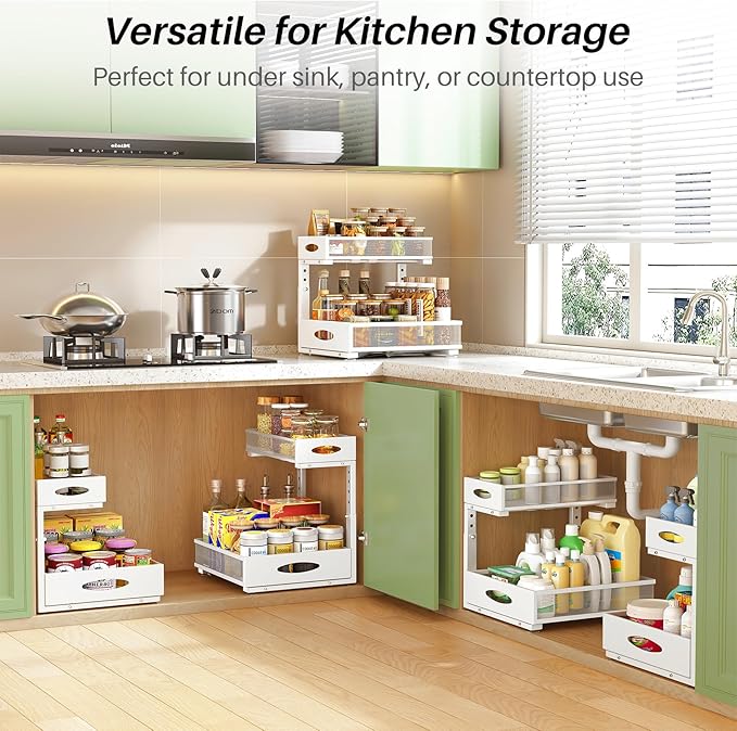 Under Sink Organizer, 1-Pack Pull Out Cabinet Organizer 2 Tier Metal Slide Out Storage Shelf Rack, L-Shaped Adjustable Height,Mesh Sliding Drawer for Kitchen, Bathroom, Laundry, Pantry, White, XL