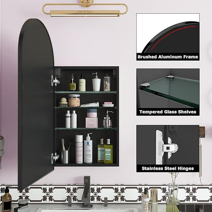 FKWin Arched Black Bathroom Medicine Cabinet with Mirror, Left or Right Opening, Bathroom Vanity Mirrors for Over Sink, Surface Mount Medicine Cabinet not Recessed, Black, 16x31 inch