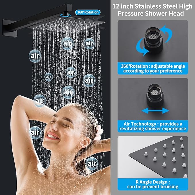 12 inch Matte Black Shower System with Tub Spout, Shower Faucet Set with Rain Shower Head and Handheld 3-Setting, Waterfall Bathtub Spout Rainfall Shower Combo Set for Bathroom Wall Mounted