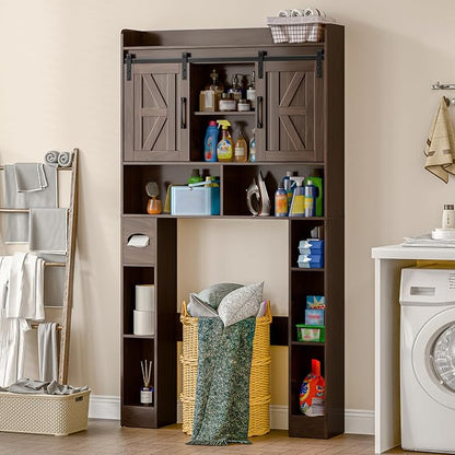 Farmhouse Storage Cabinet Over Toilet with Sliding Doors，Over The Toilet Storage Cabinet, Home Space-Saving Toilet Rack, for Bathroom, Restroom, Laundry.Espresso